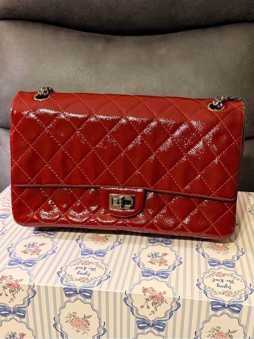 CHANEL Red 2.55 Reissue Quilted Double Flap Chain Shoulder Bag - Red Patent
